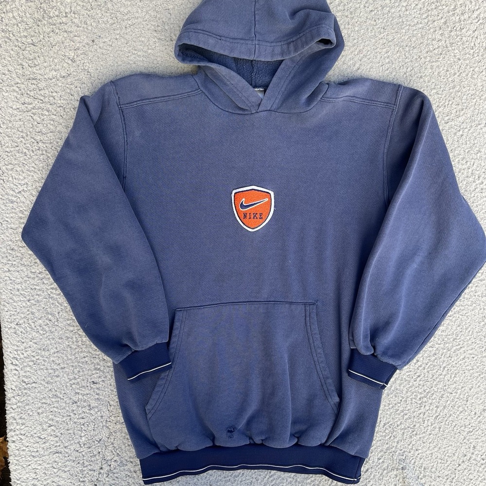 Vintage 90s Nike Hoodie Blue Sweatshirt Nike Center Patch USA Made Youth Large
